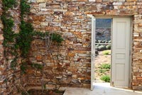 Traditional stone wall with climbing plants