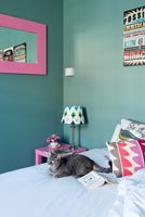 Colourful modern bed with cat