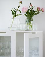 Peonies in glass vases