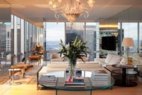 Contemporary living room with New York views