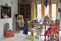 Colourful dining room with upcycled furniture