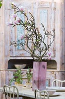 Magnolia branches in pink vase