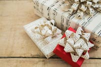 Creating a simple Christmas wrapping decoration using old book pages - finished bows on presents