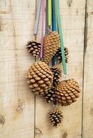 Christmas decorations made with pine cones and ribbon hanging from wooden door