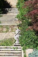 Wooden steps bordered by Japanese Maples and alpine plants