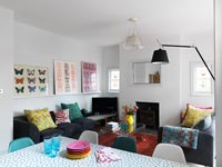 Colourful open plan living and dining rooms