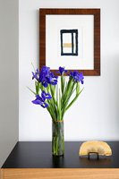 Irises in glass vase