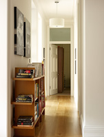 Wooden bookshelves in hall