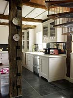 Exposed beams in kitchen
