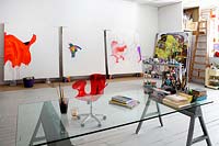 Glass desk in artists studio