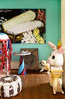 Eclectic ornaments and artworks in living room