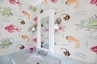 Patterned wallpaper in bathroom