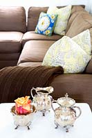 Patterned cushions on brown sofa