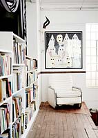 Raised seating area with bookshelves