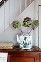 Colourful Brassica foliage in patterned teapot