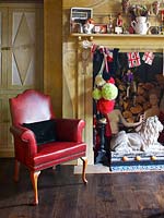 Eclectic accessories surrounding fireplace
