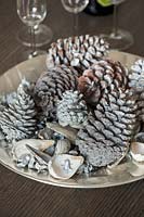 Pine cones in silver bowl