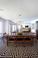 Dining area with patterned rug