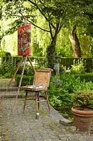 Artists easel on patio
