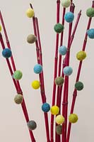 Red Cornus stems decorated with miniature wool pompoms