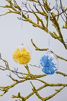 Transparent bauble containing wool stars hanging from a branch covered in Lichen