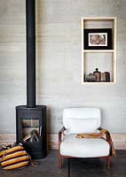 White armchair by stove