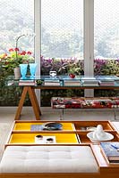Glass console table by window