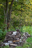 Log pile in woodland garden