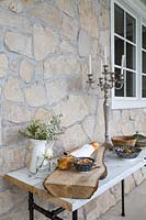 Accessories and food on console table