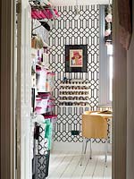 Patterned wallpaper in study