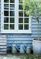 Blue shed with watering cans