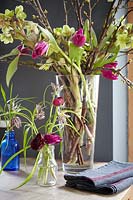 Vases of Ranunculus, Fritillary, Tulip and Hellebore flowers