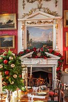 The crimson dining room decorated for christmas, Castle Howard