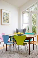 Colourful chairs at dining table