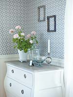 Accessories and Pelargonium plant on white chest of drawers