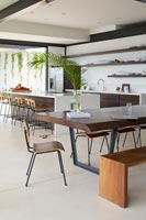 Open plan dining area with wooden furniture