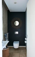 Circular mirror above toilet