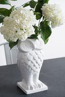 Hydranagea flowers in owl shaped vase