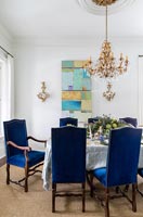 Blue chairs at dining table