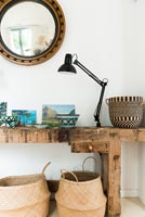 Patterned bowls on rustic console table