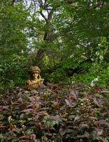 Shady area of country garden with statue