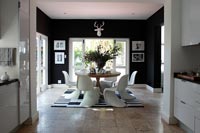 Monochrome kitchen and dining area