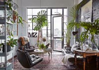 Living room with eclectic furniture and houseplants