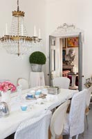 Dining table with chandelier above