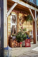 Wooden summerhouse with christmas decorations