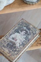 Antique book on wooden shelf