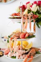 Seafood display on cake stand