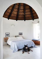 Bedroom with thatched roof and pet dog
