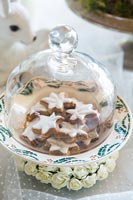 Detail of iced star biscuits in glass dome