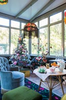 Colourful living room decorated for Christmas